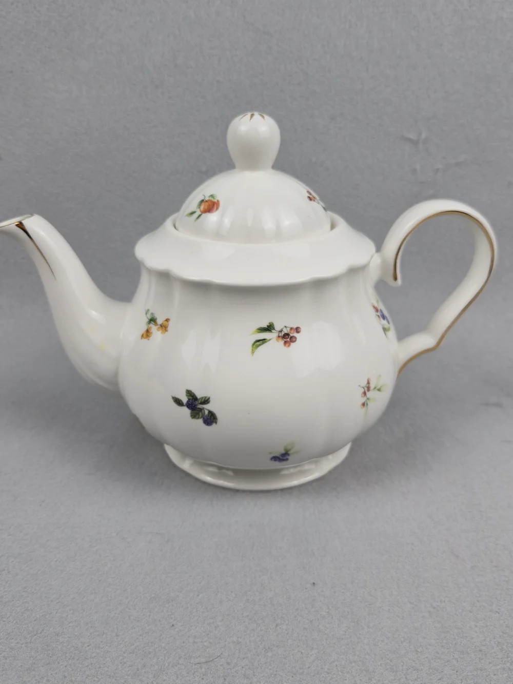 Grace Teaware White Fluted Fruit & Floral Fine Porcelain Teapot Gold Trim